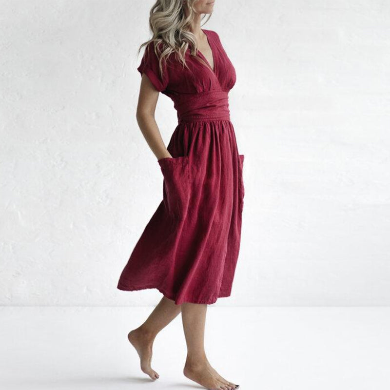 Cotton Linen Waist-Tie Pocket Dress