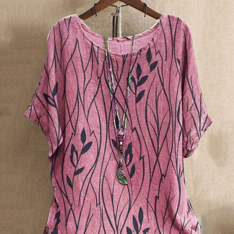 Crewneck Printed Loose Cotton Linen T-Shirt