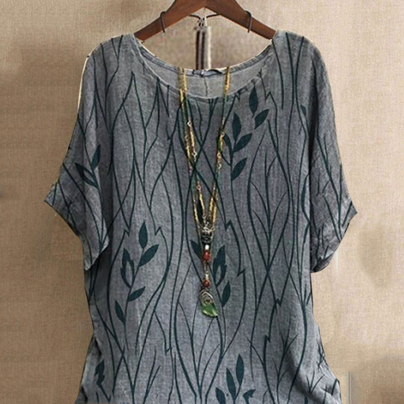 Crewneck Printed Loose Cotton Linen T-Shirt