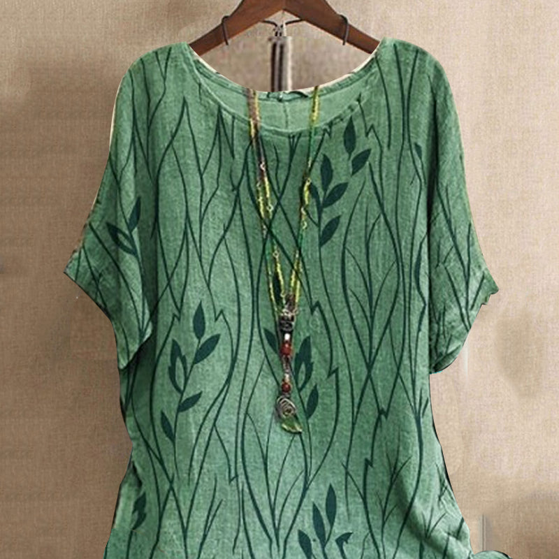 Crewneck Printed Loose Cotton Linen T-Shirt