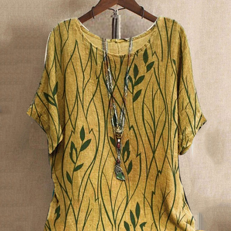 Crewneck Printed Loose Cotton Linen T-Shirt