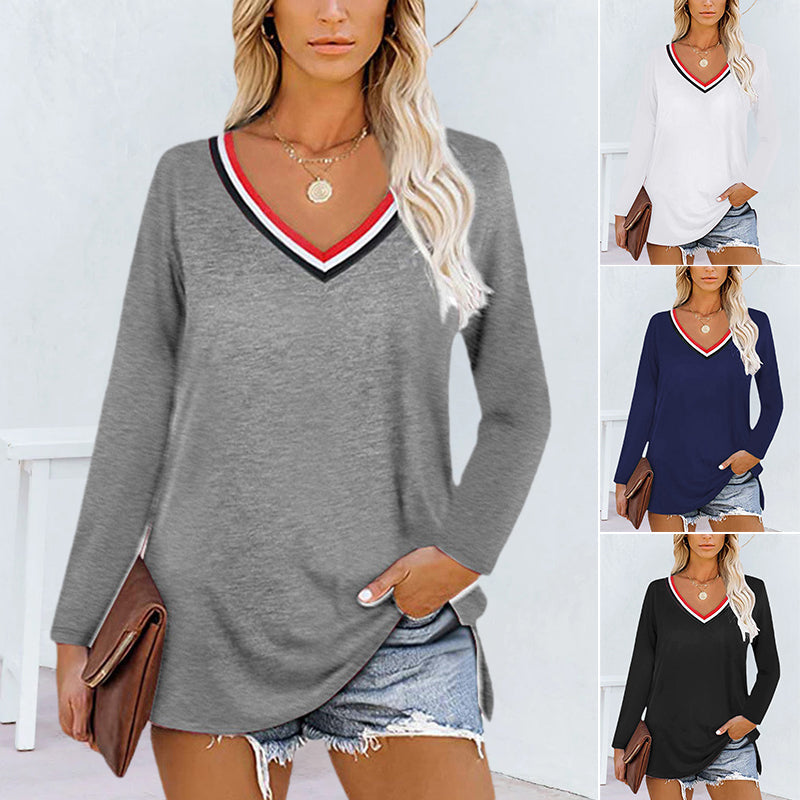 Striped Panel V-Neck Long Sleeves