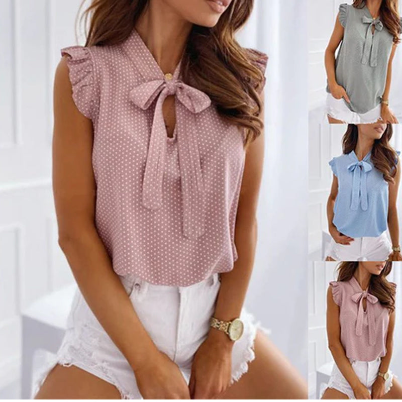 Women's Polka Dot Bow Neck Sleeveless Top