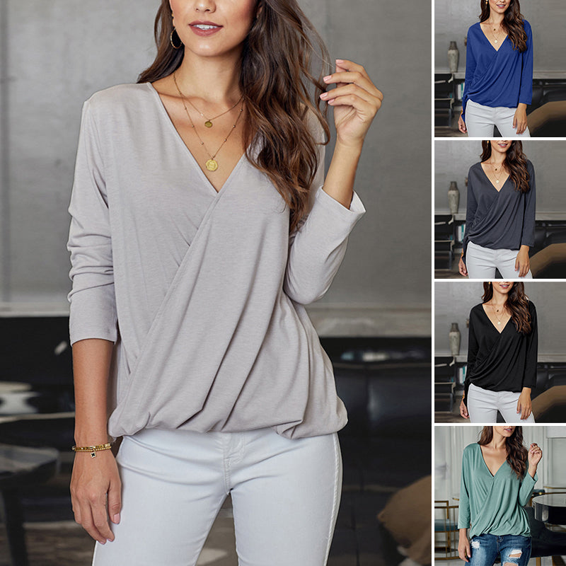 V-Neck Long Sleeve Pleated Loose Chiffon Shirt