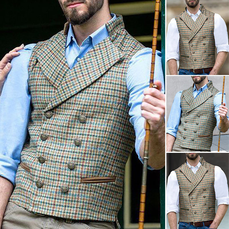 Check Double-Breasted Suit Collar Slim Cargo Vest
