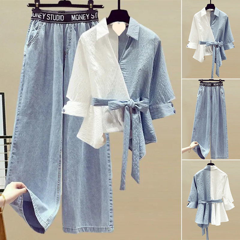 Two-piece Shirt Blouse and Jeans Set