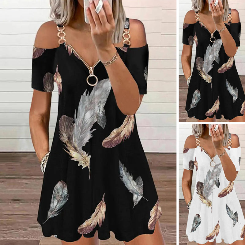 Feather Print Cold Shoulder Pocket Design Casual Dress