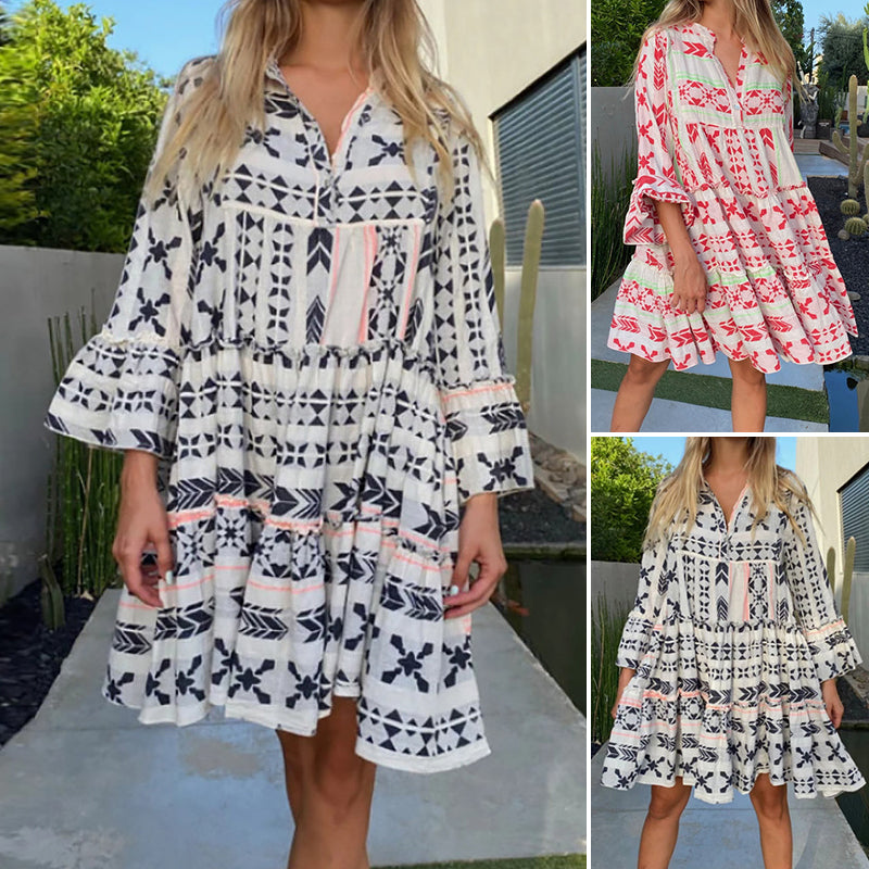 Printed V-Neck Casual Dress