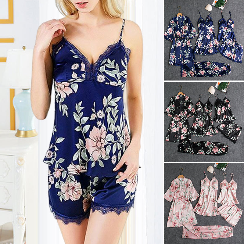 Sexy Lace Floral Printing Silk Pajamas Set
