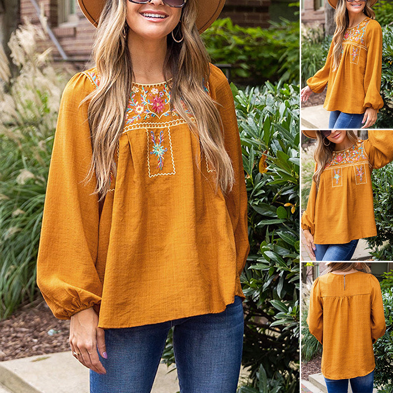 Ethnic Puff Sleeve Loose Crew Neck Pullover Top