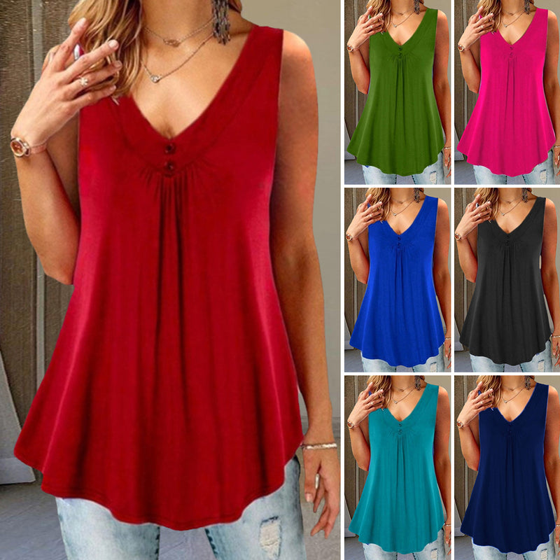 Solid V-Neck Pleated Button T-Shirt