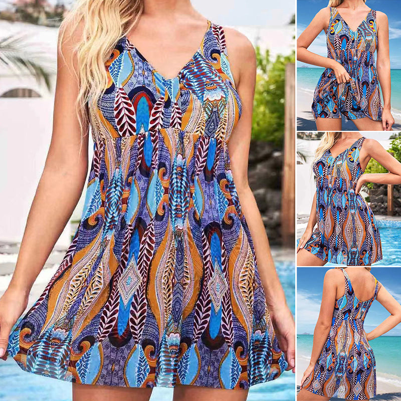 High Waist Conservative Digital Print One-Piece Swimsuit