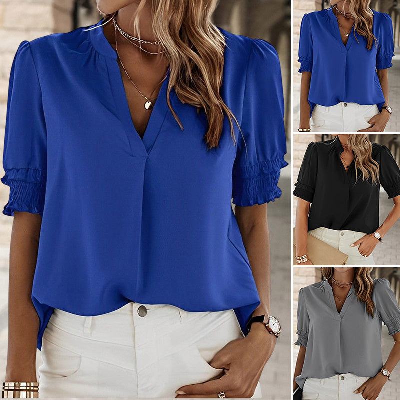 V Neck Casual Short Sleeve Chiffon Shirt