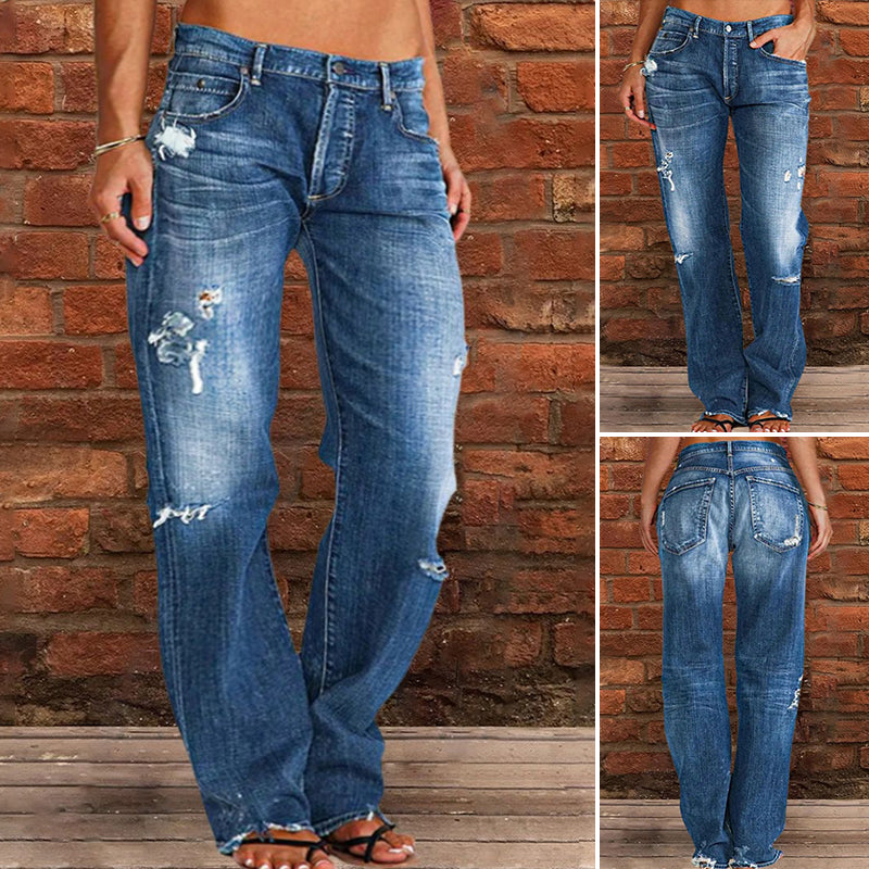 Ripped Low Waist Straight Leg Jeans