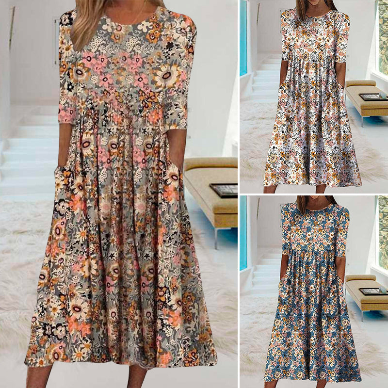 Printed Crew Neck Pocket Dress
