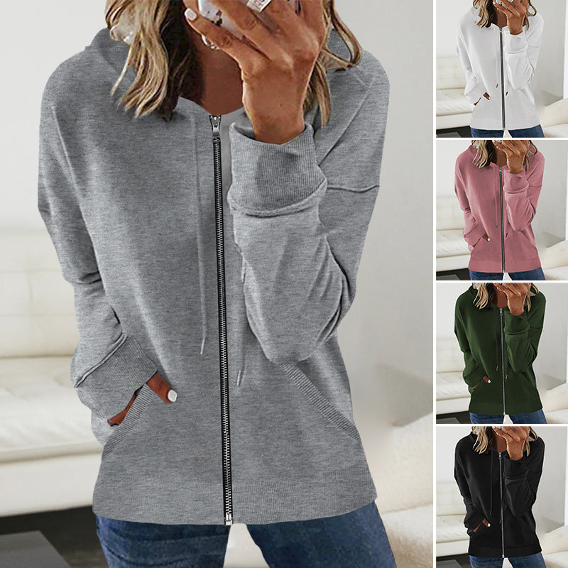 Zip Casual Solid Hooded Jacket