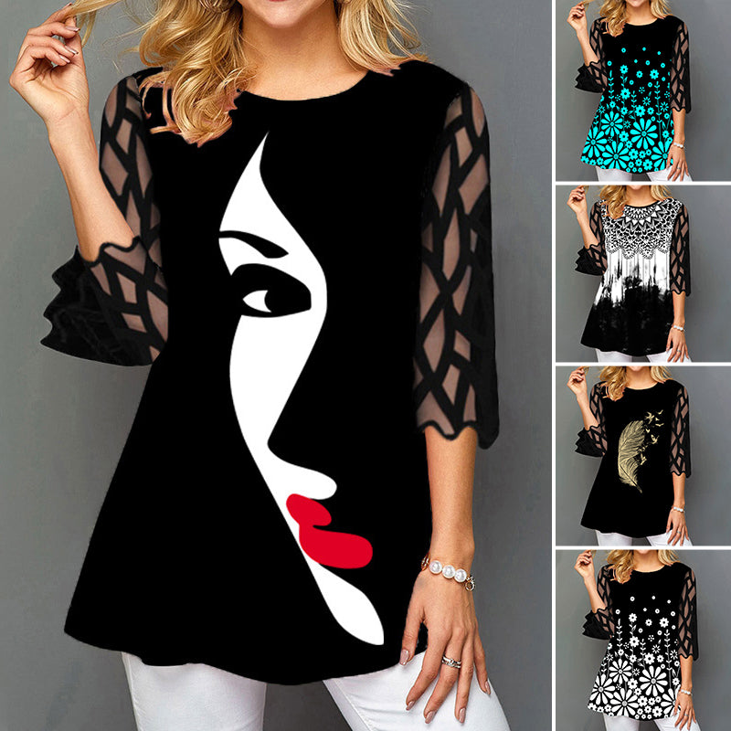 Lace Sleeve Printed T-shirt