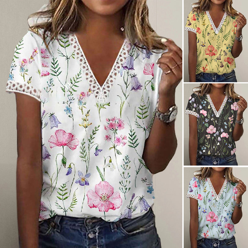 Floral Print Lace Patchwork Blouse