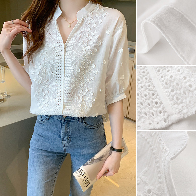 Floral Pattern Eyelet Embroidery Half Sleeve Top