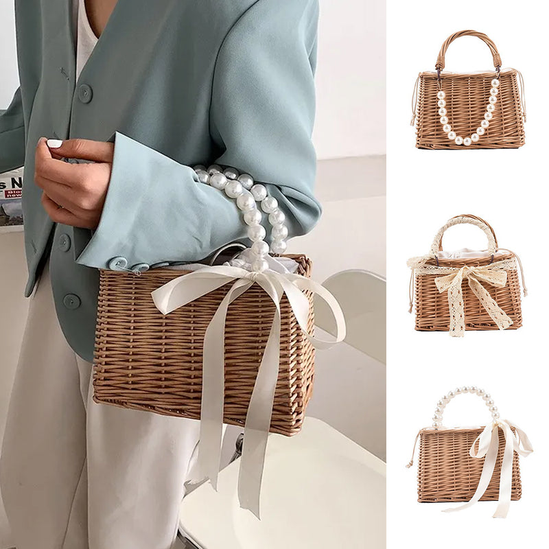 Faux Pearl Handle Straw Square Bag