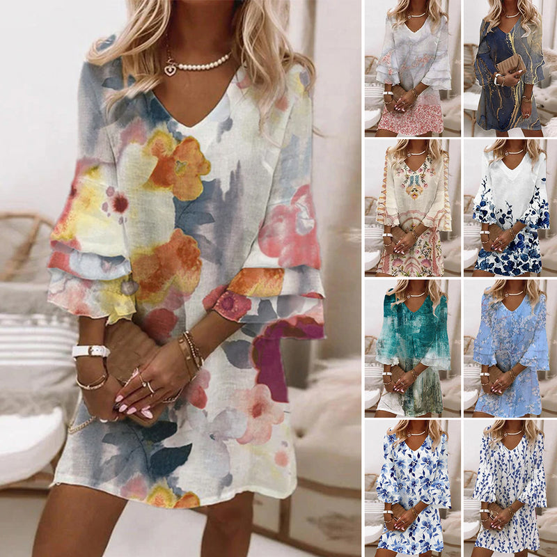 Watercolor Floral Print Ruffle Sleeves Mini Dress