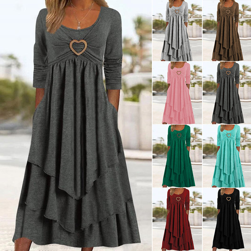 Plain Regular Fit Crew Neck Long Sleeve Casual Midi Dress