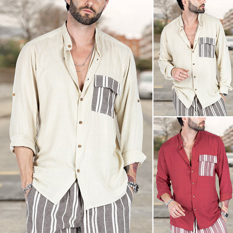 Men's Summer Color Contrast Patchwork Lapel Casual Shirt