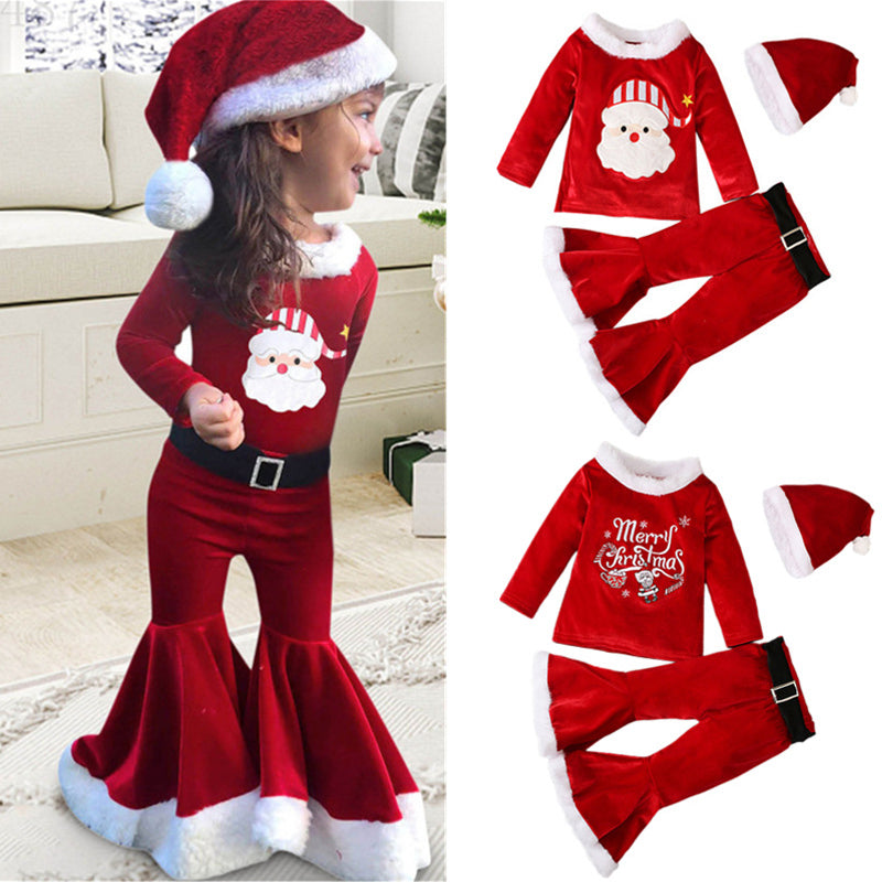 3 piece set of teddy top and flare pants in cute red velvet with Christmas theme