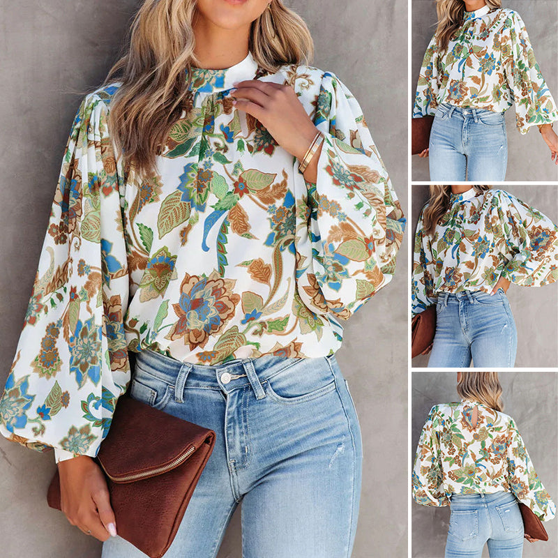 Stand Collar Balloon Sleeve Shirt