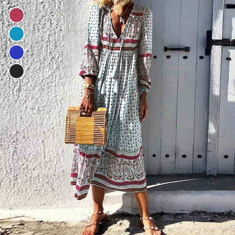 V Neck Holiday Long Sleeve Printed Dress