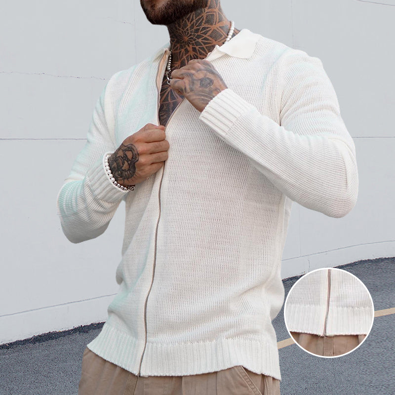 Men's White Long Sleeve Casual Fashion Zip Knit Sweater