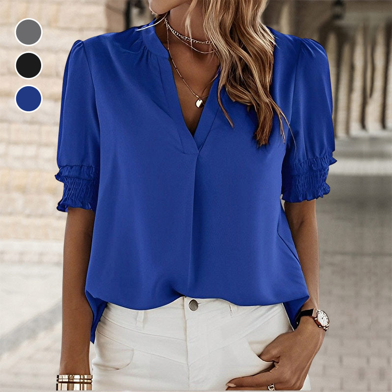 V Neck Casual Short Sleeve Chiffon Shirt