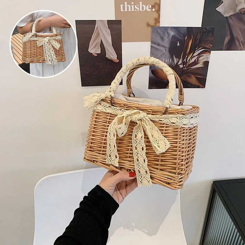 Faux Pearl Handle Straw Square Bag