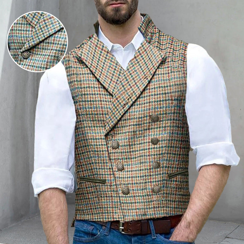 Check Double-Breasted Suit Collar Slim Cargo Vest