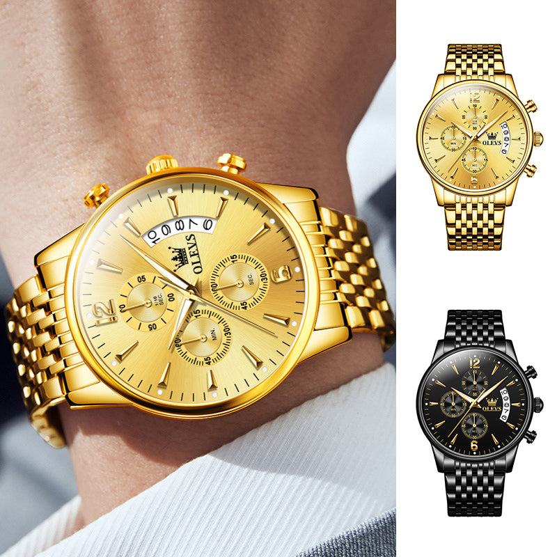 Luxury Gold Three-eye Chronograph Dial Automatic Mechanical Watch