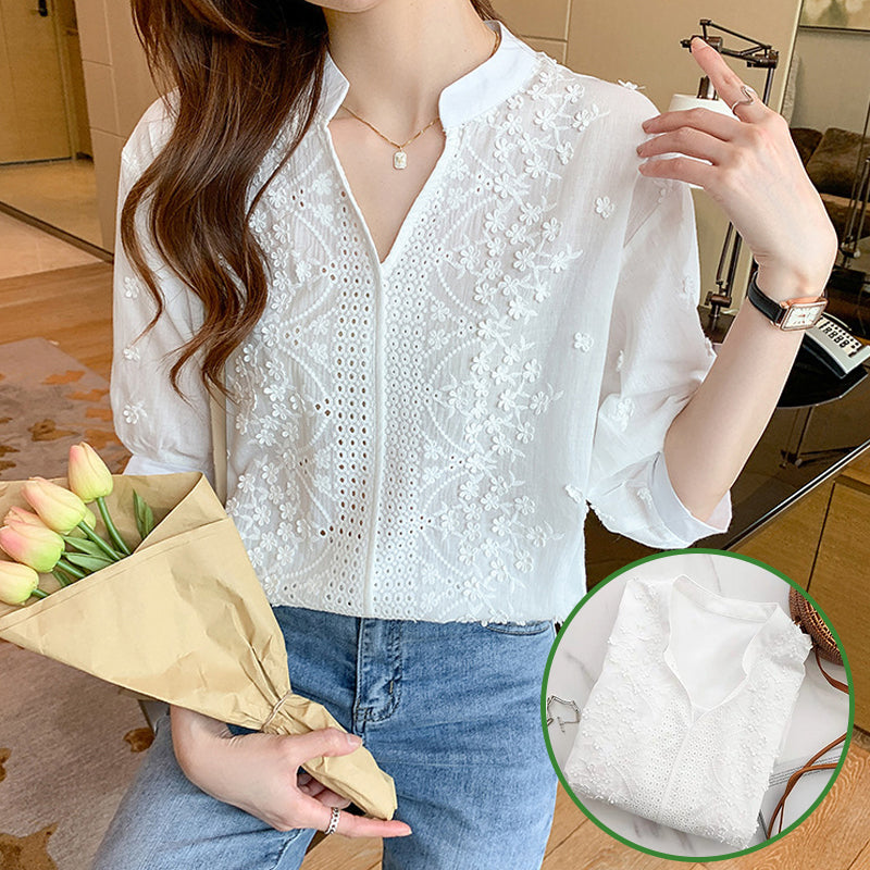 Floral Pattern Eyelet Embroidery Half Sleeve Top