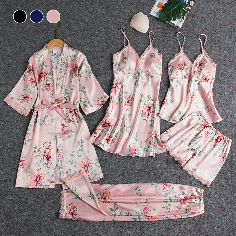 Sexy Lace Floral Printing Silk Pajamas Set