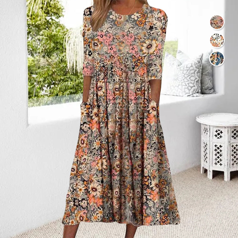 Printed Crew Neck Pocket Dress