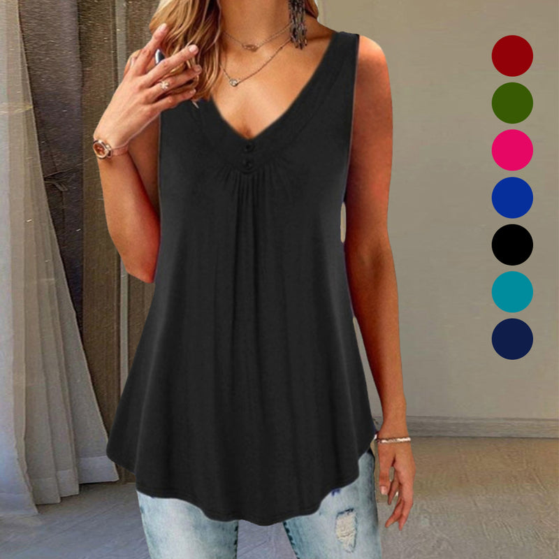 Solid V-Neck Pleated Button T-Shirt