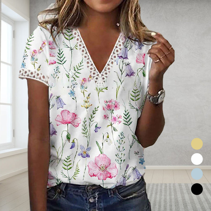 Floral Print Lace Patchwork Blouse