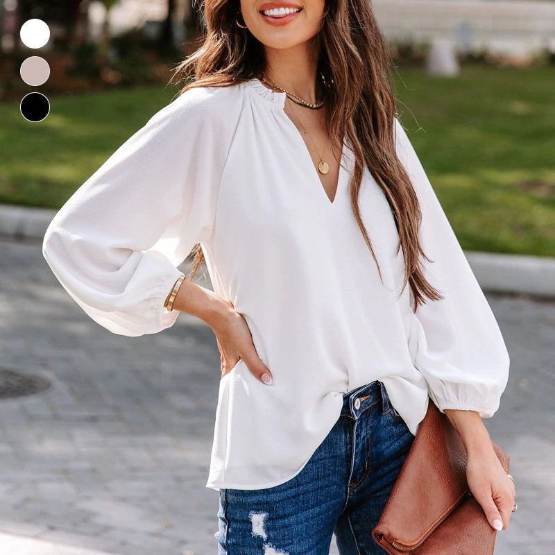 Solid Color Casual V Neck Loose T-Shirt