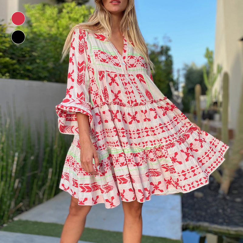 Printed V-Neck Casual Dress