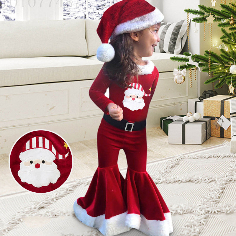 3 piece set of teddy top and flare pants in cute red velvet with Christmas theme