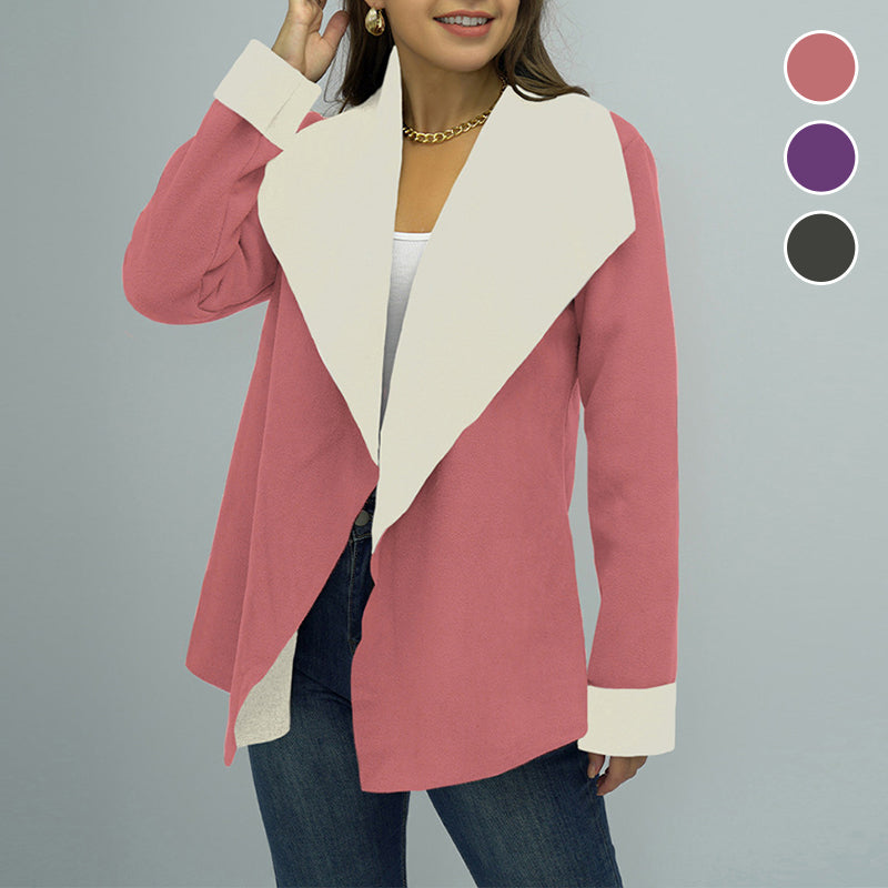 Ladies Solid Color Large Lapel Zip Loose Jacket