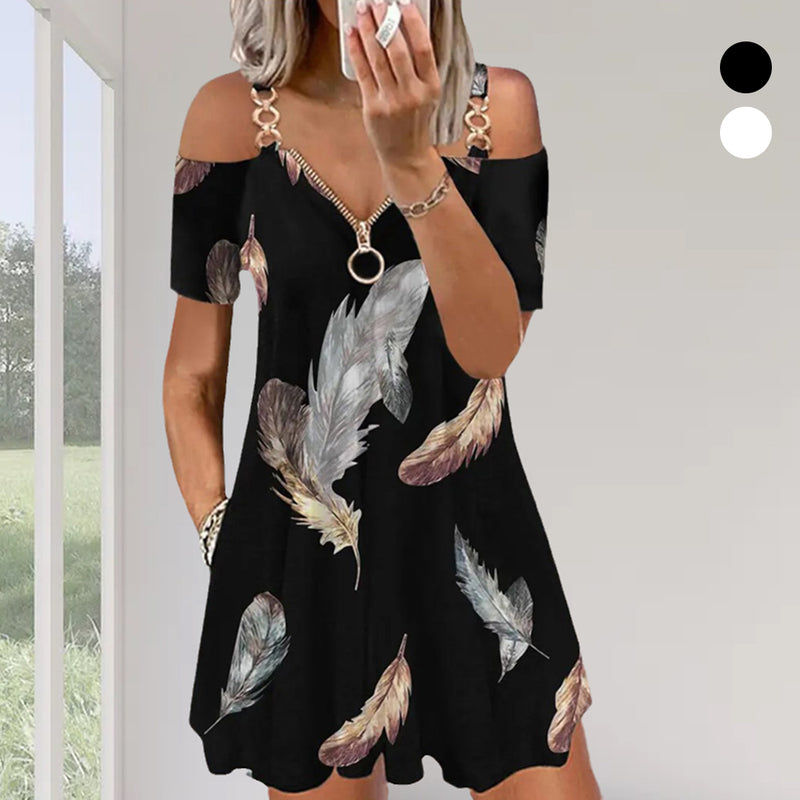 Feather Print Cold Shoulder Pocket Design Casual Dress