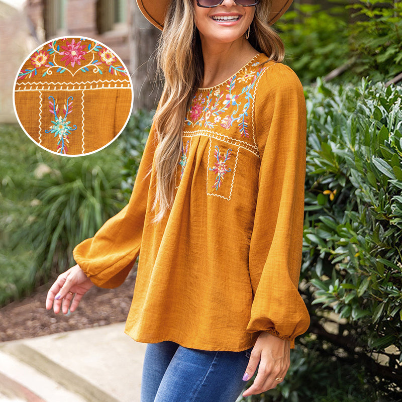 Ethnic Puff Sleeve Loose Crew Neck Pullover Top