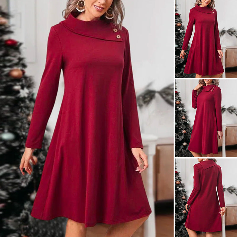 Solid Color Christmas Dress with Elegant Buttons