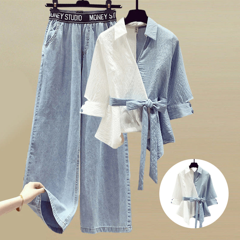 Two-piece Shirt Blouse and Jeans Set