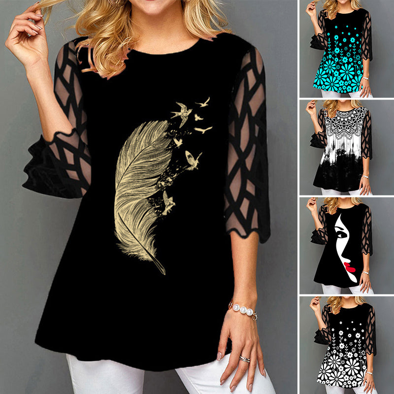 Lace Sleeve Printed T-shirt