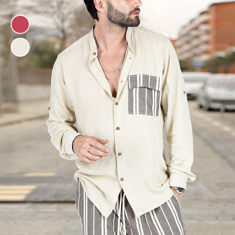 Men's Summer Color Contrast Patchwork Lapel Casual Shirt